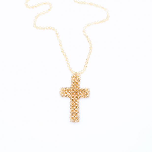 Sautoir croix en perles de cristal
